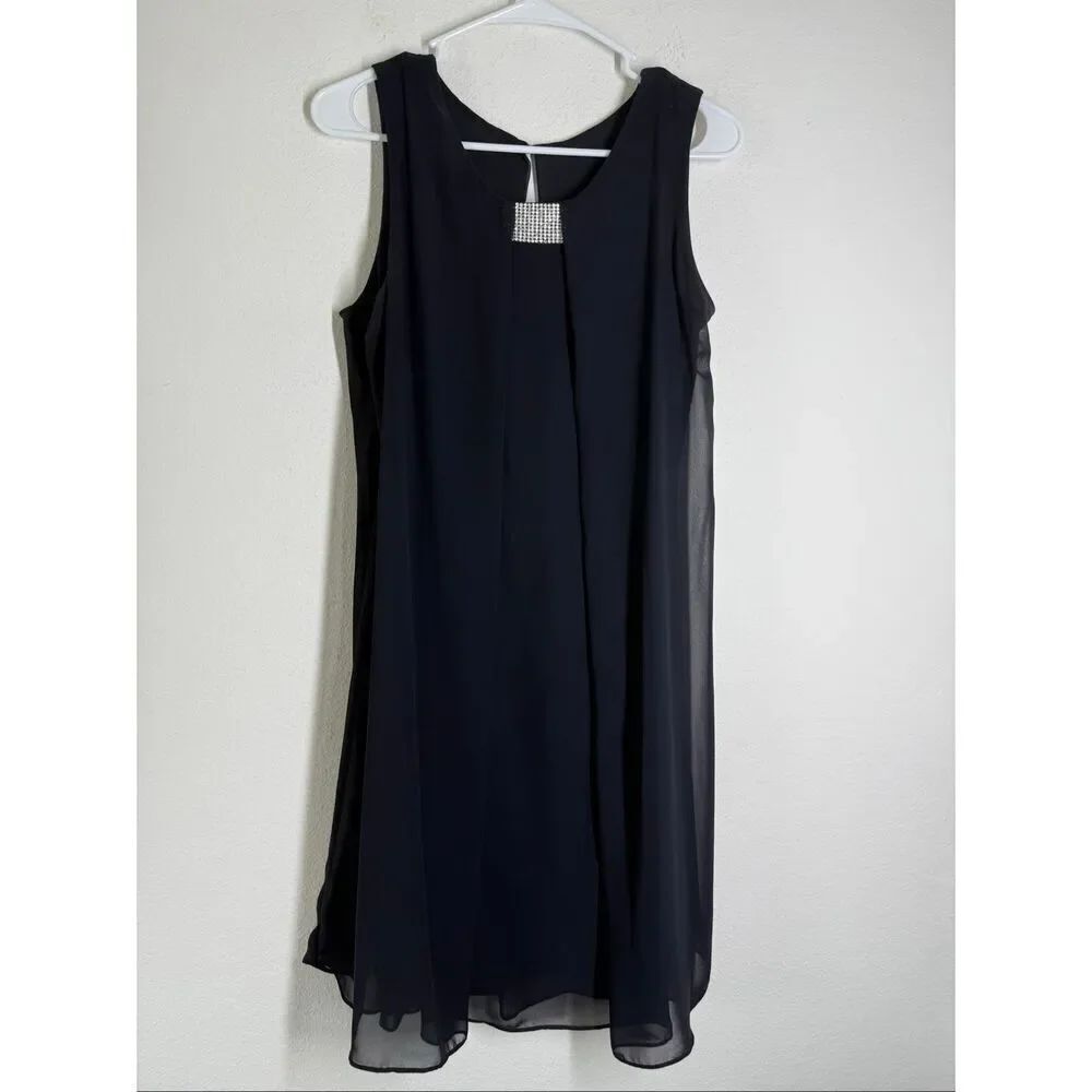 MSK Women’s Navy Blue Chiffon Lined Swing Dress Rhinestone Trim Size 16